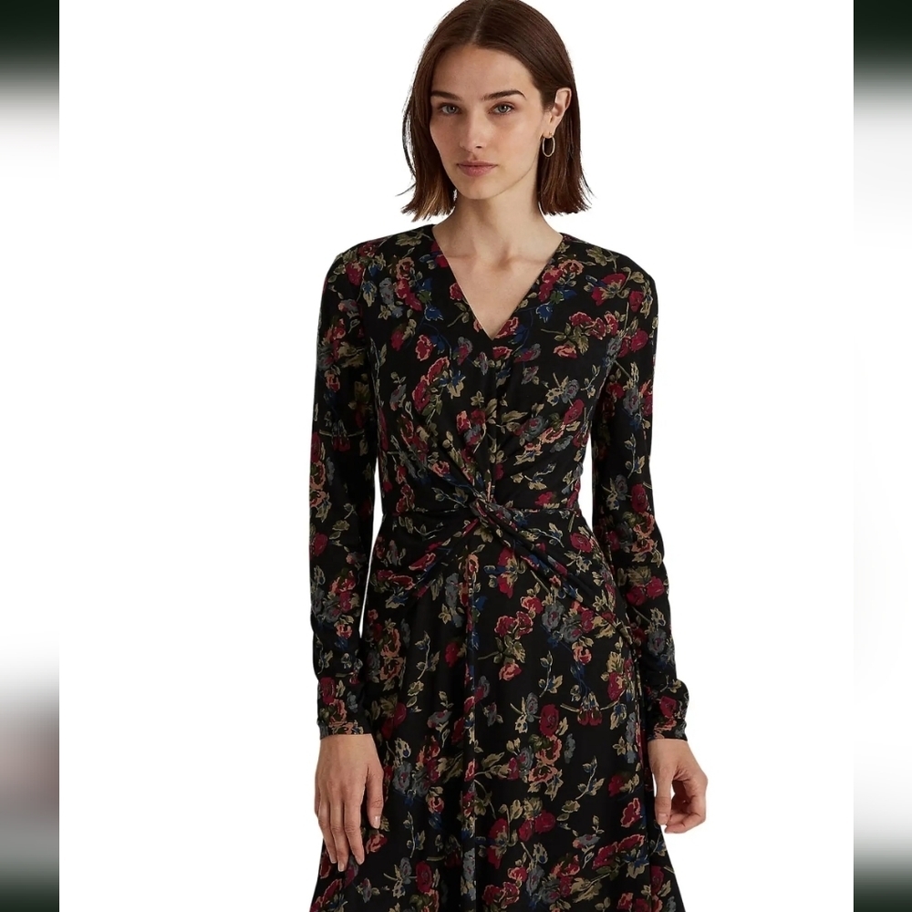 Lauren Ralph Lauren Floral Surplice Jersey Dress Long Sleeve Midi